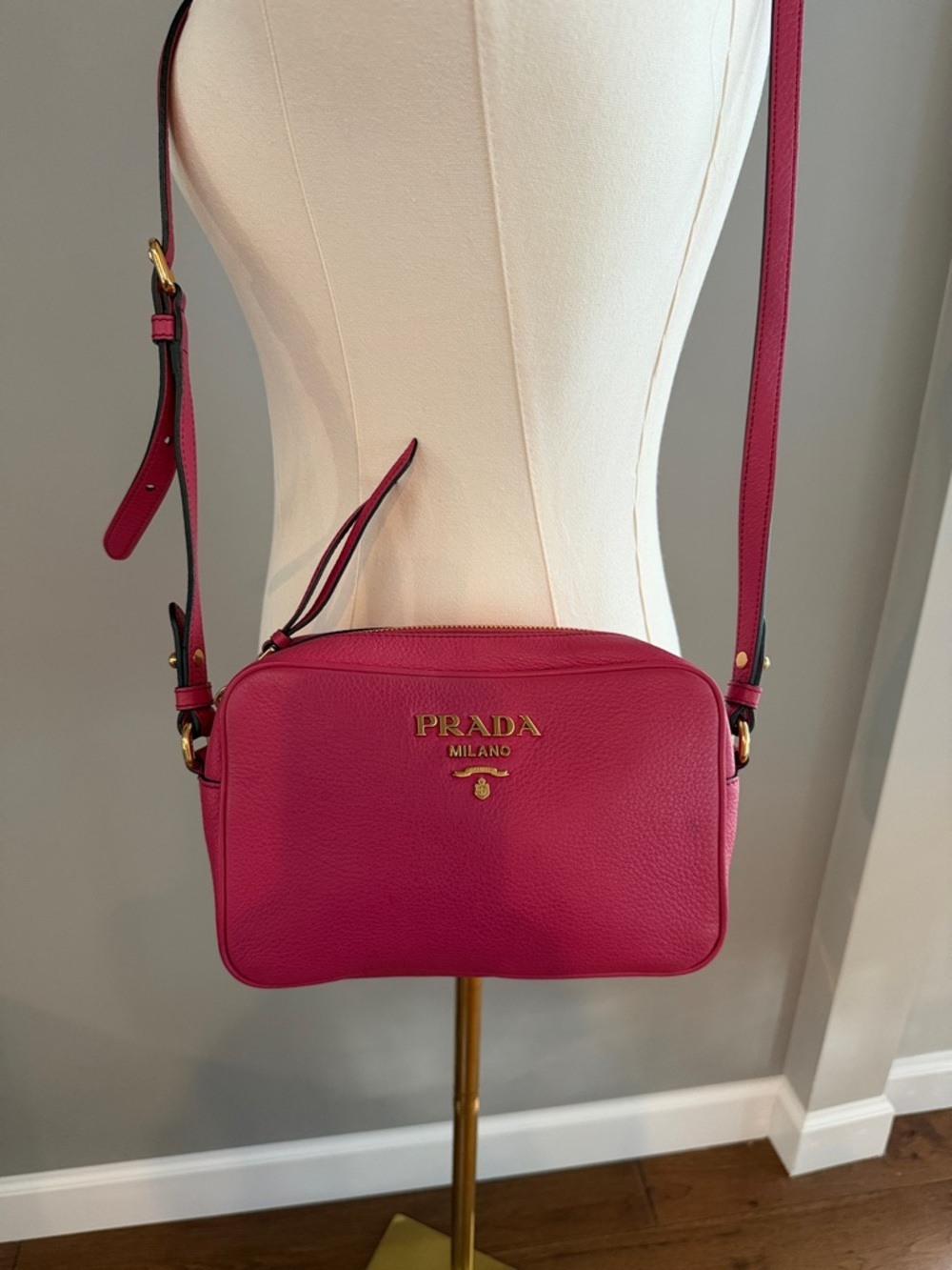 Authentic Prada Fuchsia Leather Crossbody Bag with Gold Logo